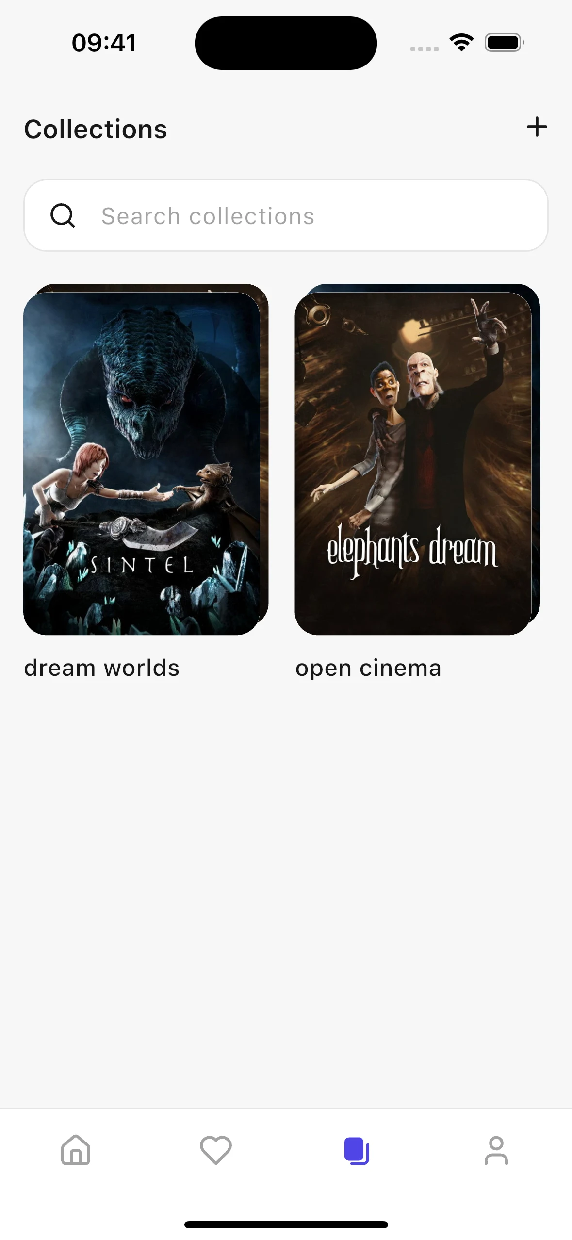 Kinopal Collections screen with personal movie collections and all four navigation tabs