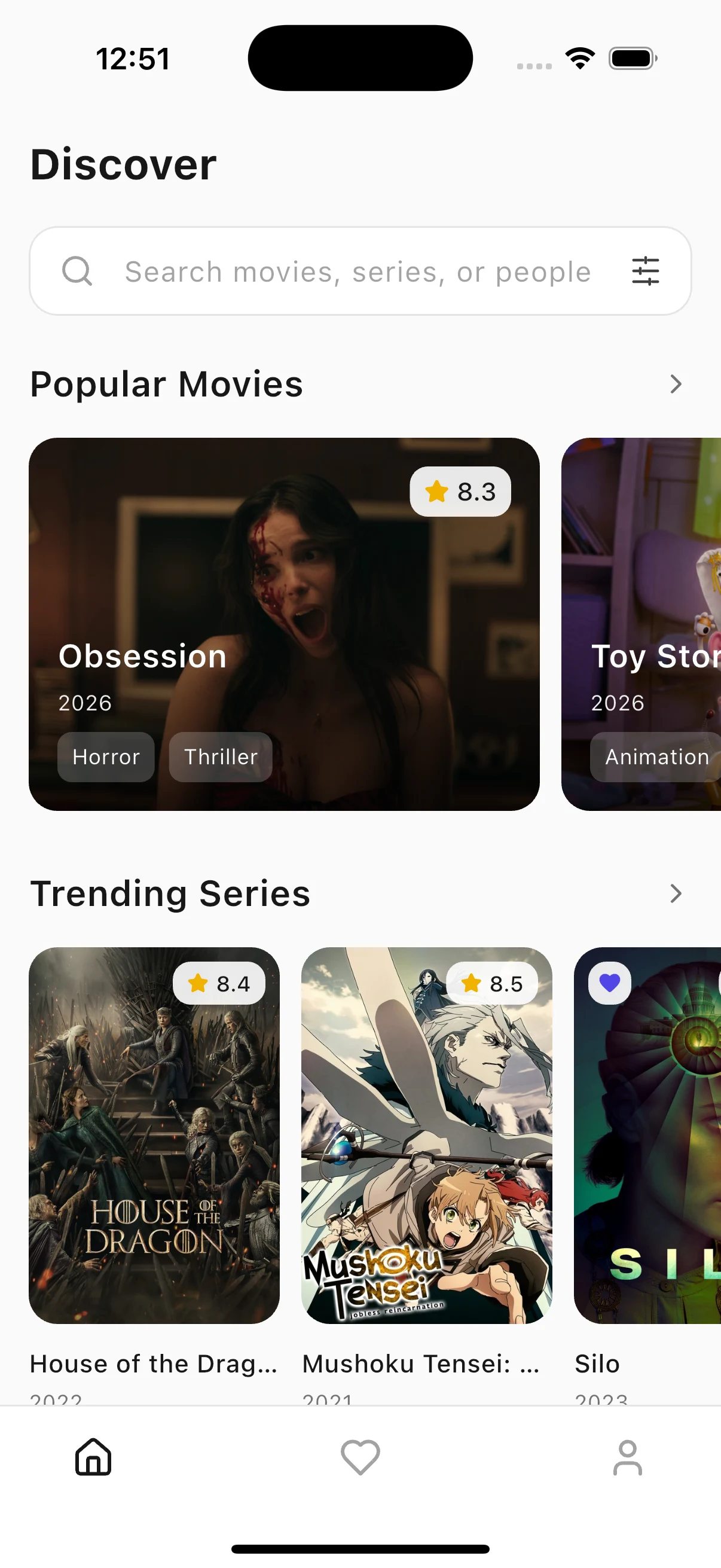 Kinopal Discover screen showing popular movies and trending series