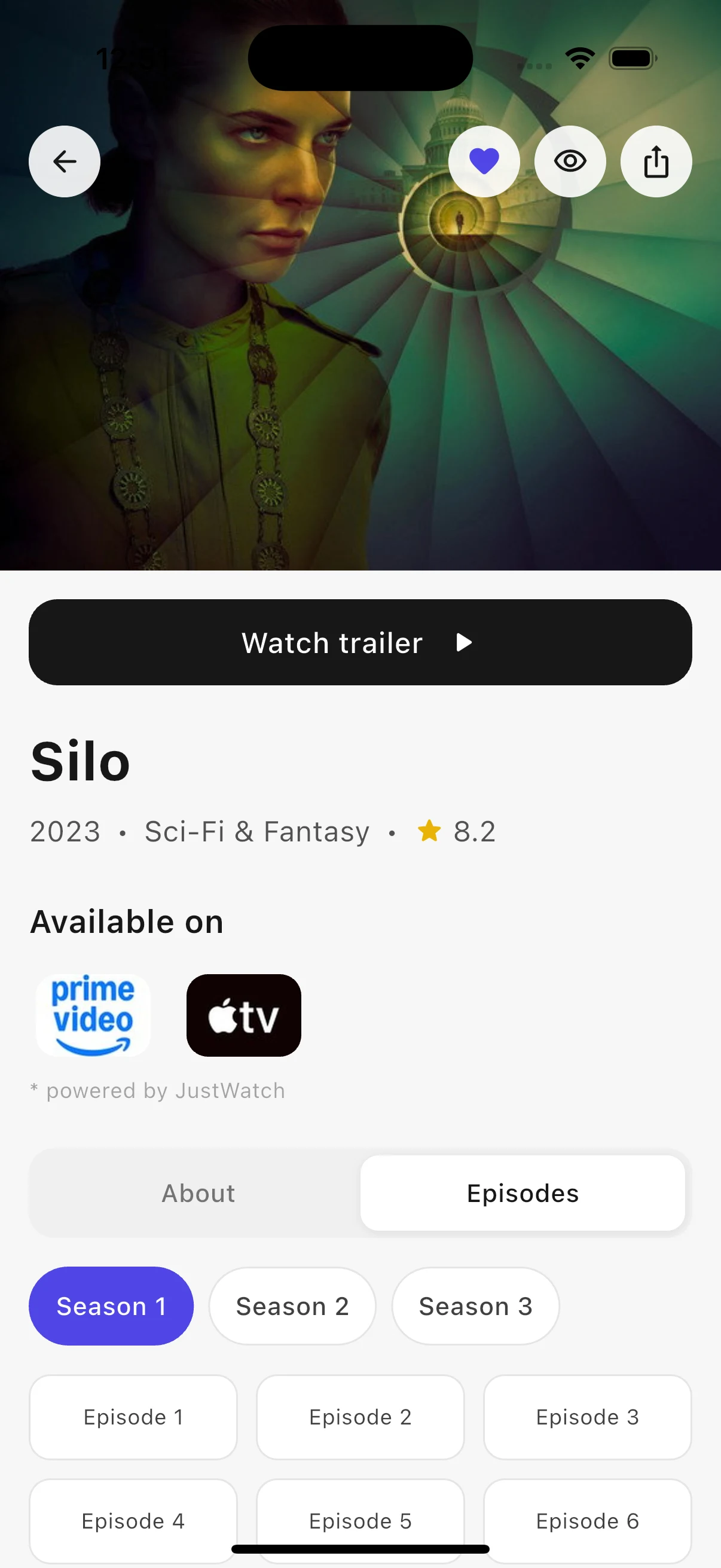 Kinopal TV details screen showing seasons and episodes