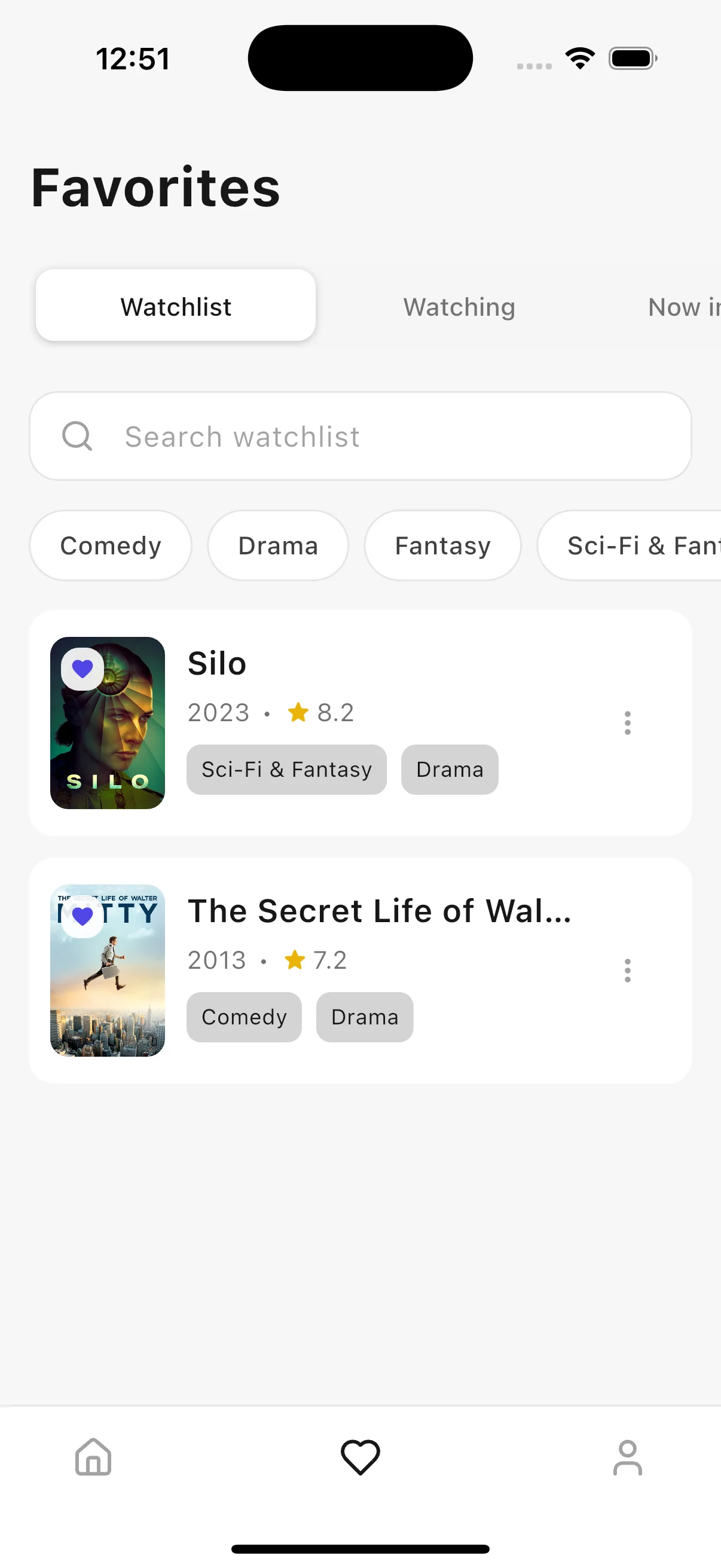 Kinopal Favorites screen with saved shows and genre filters