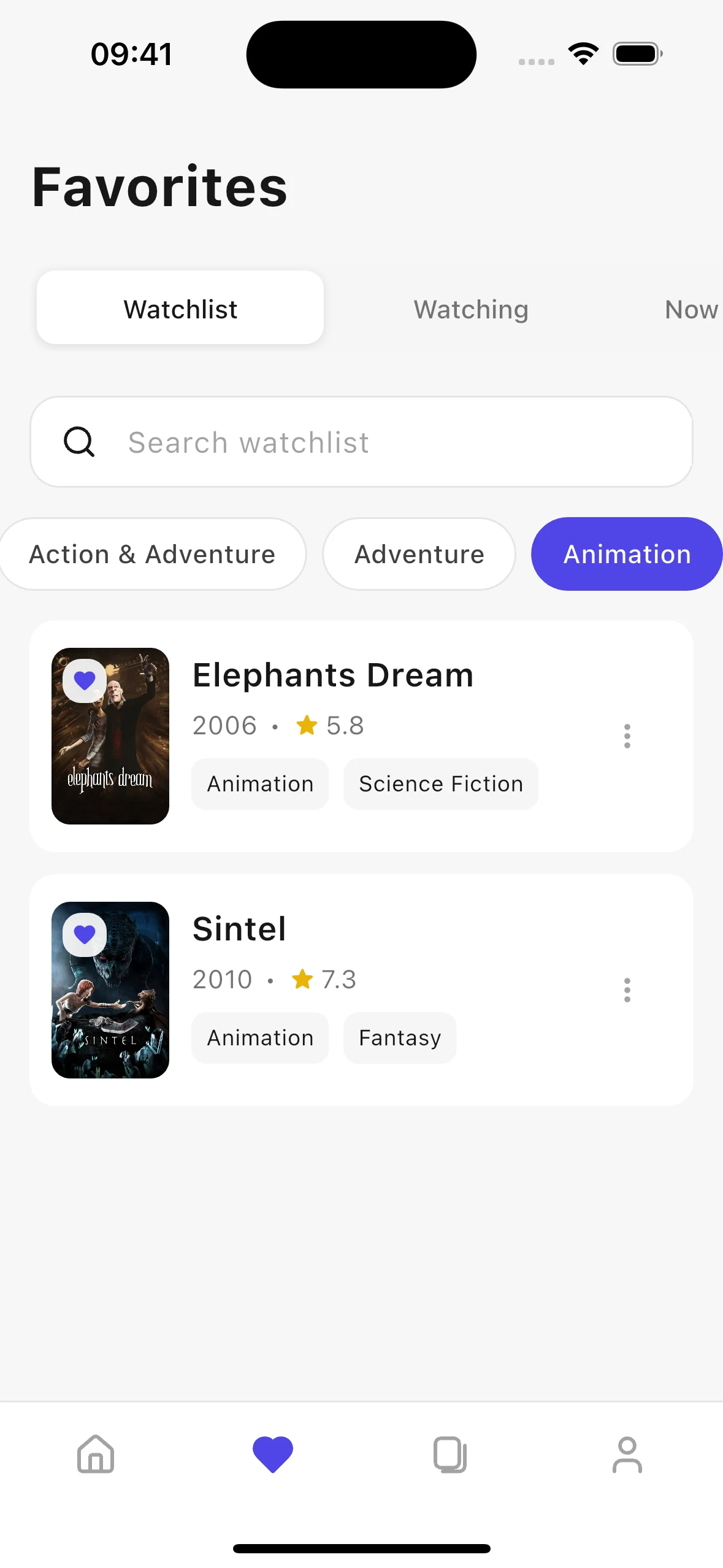 Favorites with Watchlist and Watching tabs, genre chips, and saved movie cards
