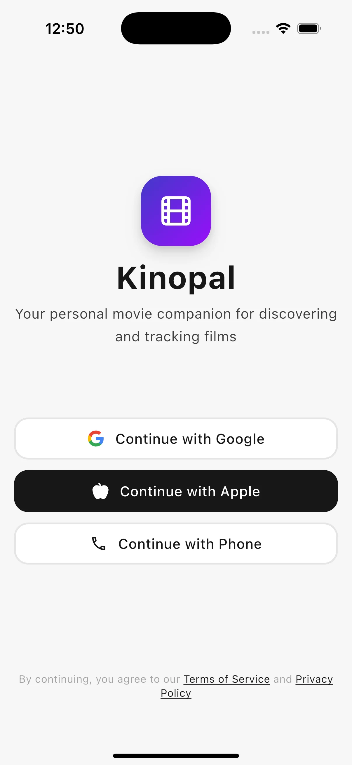 Kinopal sign-in screen