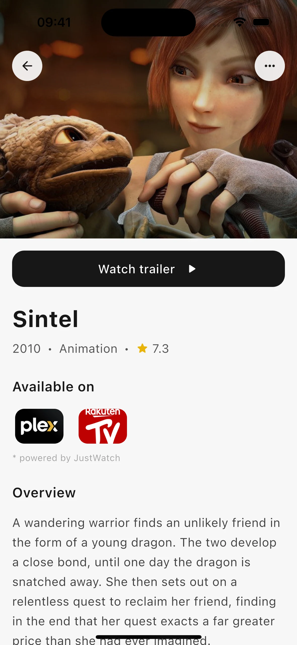 Sintel details with trailer button, rating, streaming services, and overview