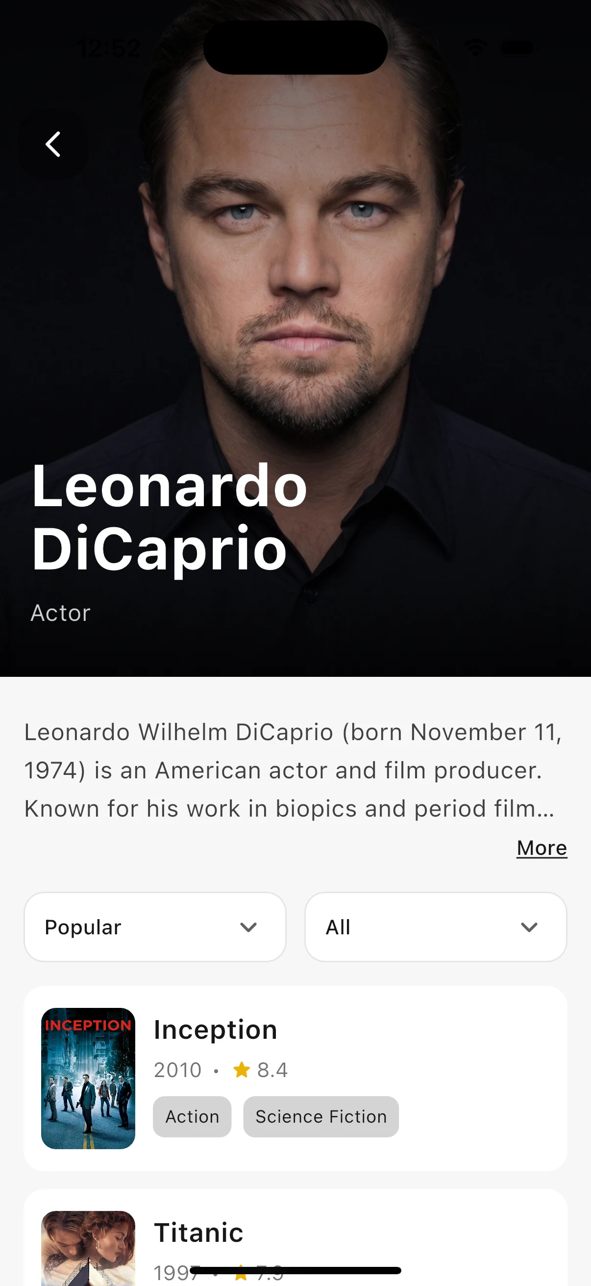 Kinopal person details screen showing Leonardo DiCaprio and his filmography