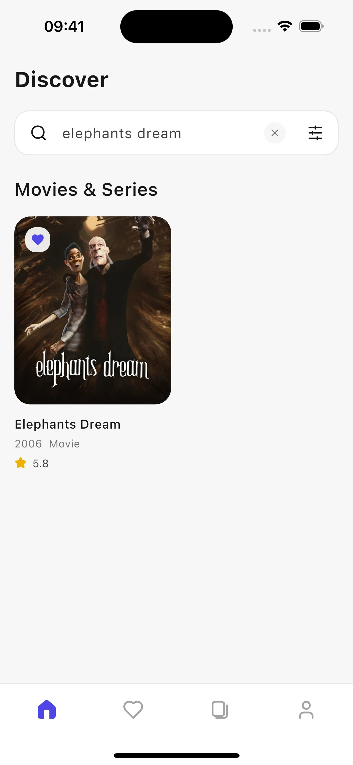 Discover search results for Elephants Dream with its saved indicator