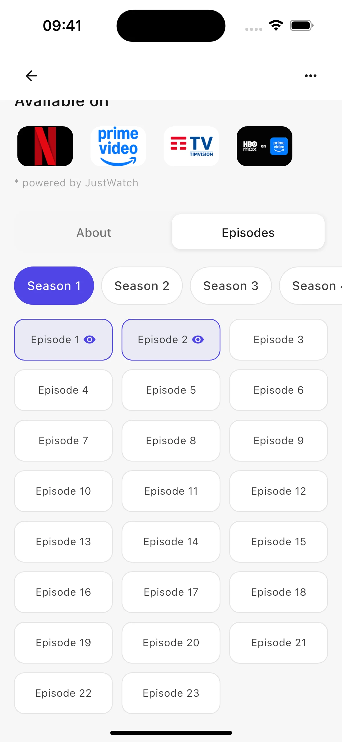 Episodes tab with season selection and purple watched markers on episodes one and two